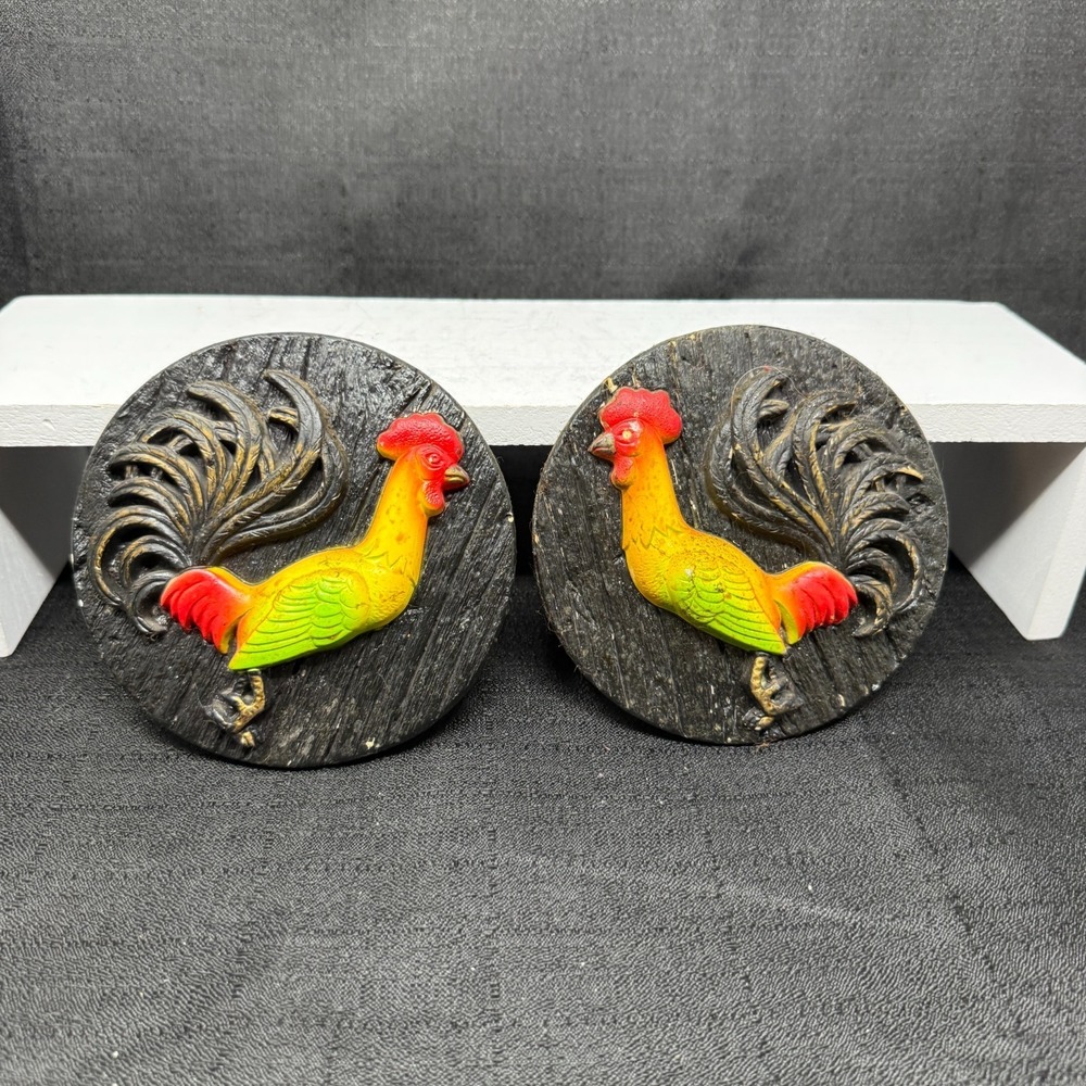 VTG Chalkware Roosters 1977 Miller Studio Kitchen Wall Plaques Black 6"